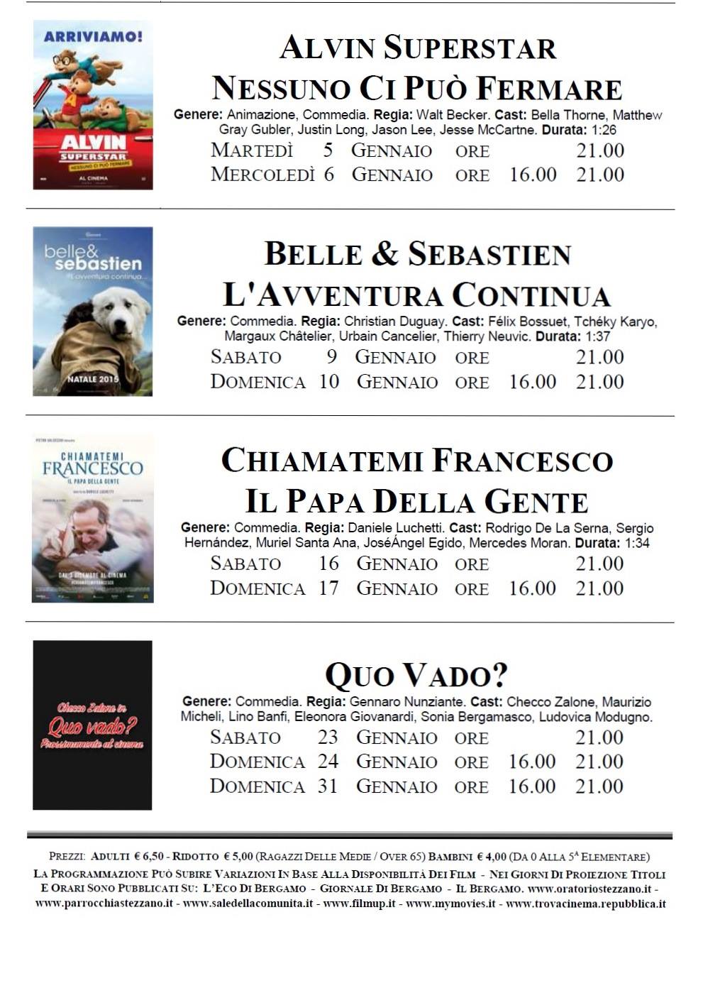 Programmazione Sala Eden – Gennaio 2016